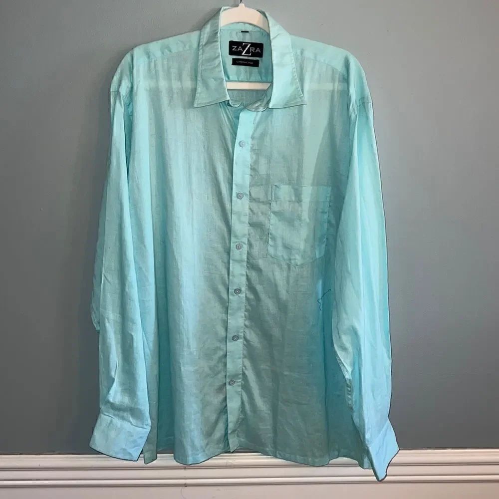 Zara Men’s 46 Aquamarine 100% Linen coastalcore blue button down shirt